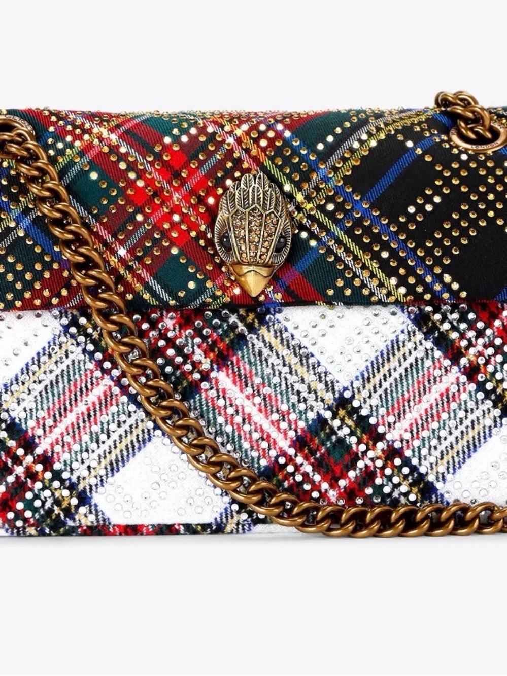 Kurt Geiger Multicolor Plaid Crystal-Embellished Chain Clutch